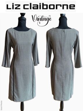 Liz Claiborne Vintage Black Ivory White Houndstooth Lined Dress 3/4 Sleeves (10)